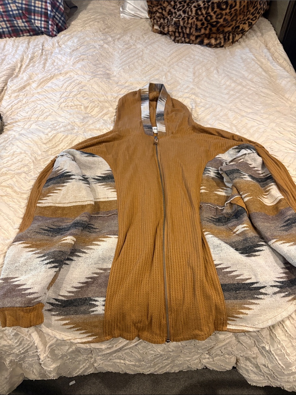 BKE Mustard Waffle Knit Zip Hooded Jacket with Patterned Sleeves